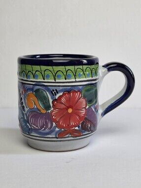 Talavera Mug Mexican Art Pottery Hand Painted Abstract Art Vibrant Signed